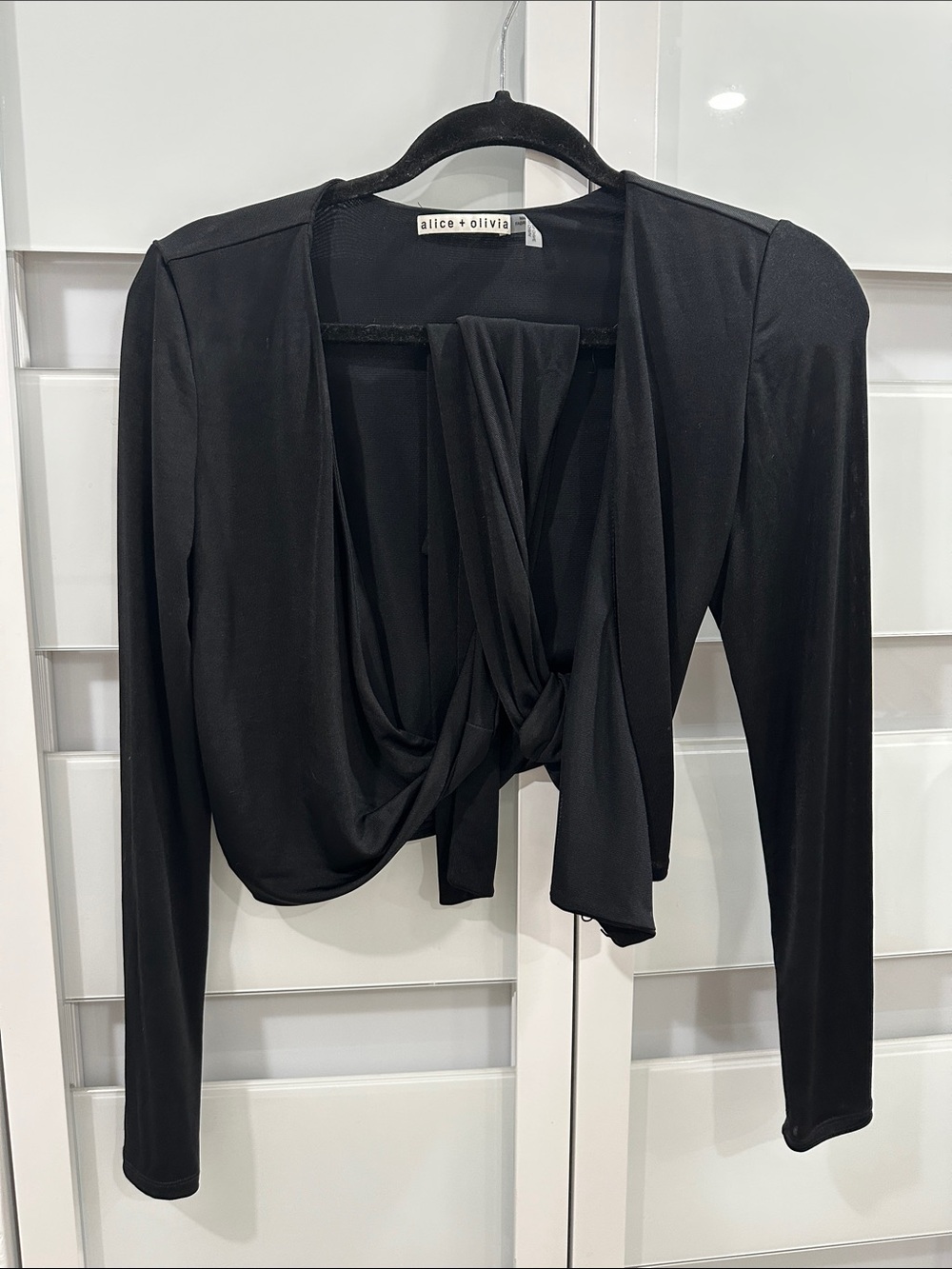 Alice + Olivia Black Tie-Front Drape Crop Top